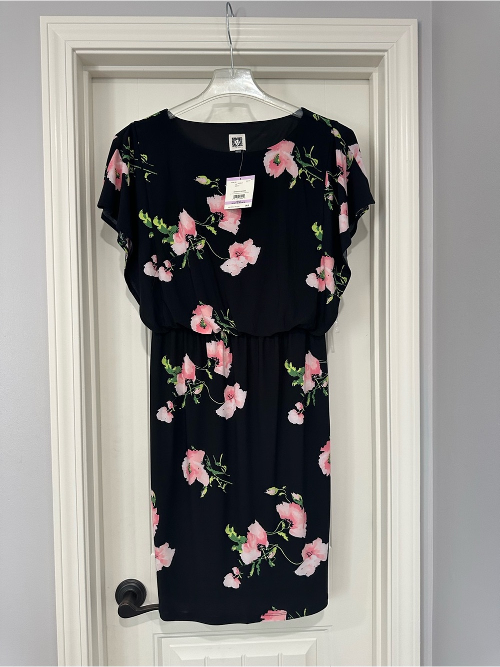 NWT Anne Klein Black Midi Dress with Pink Floral Print
